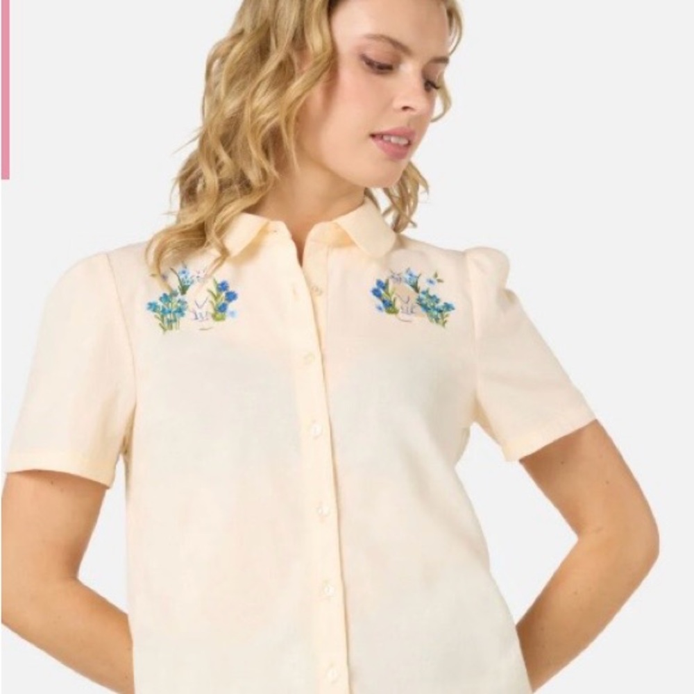 Princess Highway Cream Button Down Blouse with Cat Embroidery AUS Size 14